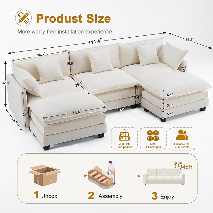 111.4" U Shaped Cloud Couch Sectional with 2 Ottoman｜Modular Chenille Sofa with 29.1" Deep Seat｜FSC Solid Wood Frame｜Easy Assembly & 1YR Guarantee｜for Living Room Bedroom Apartment