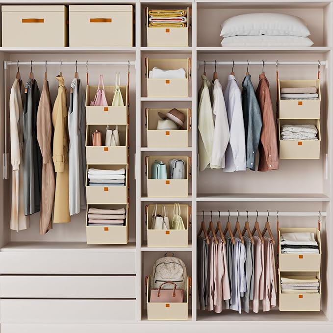 Hanging Closet Organizer 4 Tier - Clothes Hanging Shelves, Space-Saving Closet System, Fabric Storage Bins Bedroom Organization, Collapsible Baskets for Home, Dorm, Rv, Beige