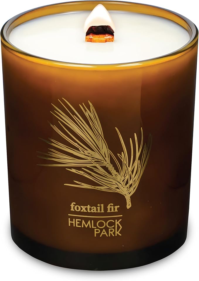 Hemlock Park Amber & Gold Wood Wick Candle Handcrafted with Natural Coconut Wax (Large 14 oz, Foxtail Fir)