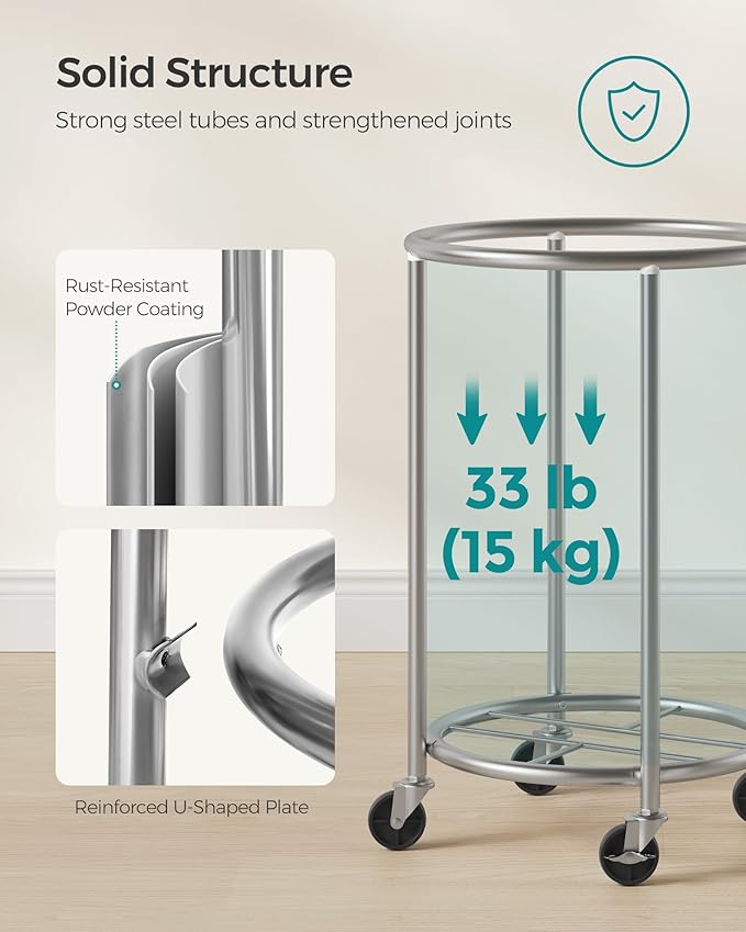 SONGMICS 18.5-Gallon (70 L) Laundry Basket with Wheels, Rolling Round Heavy-Duty Laundry Hamper Cart with Steel Frame and Removable Bag, 2 Locking Wheels, Ink Black and Metallic Silver URLS006B01