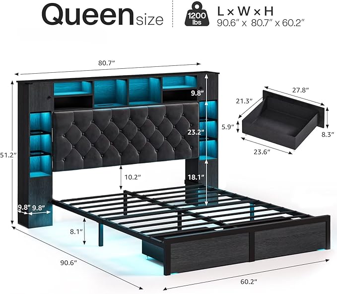 Queen Bed Frame with Bookcase Headboard and Storage Drawers, 51.2" Metal Platform Queen Size Bed Frame with Charging Station and LED Lights, Velvet Upholstered Tufted Bed Frames, Black