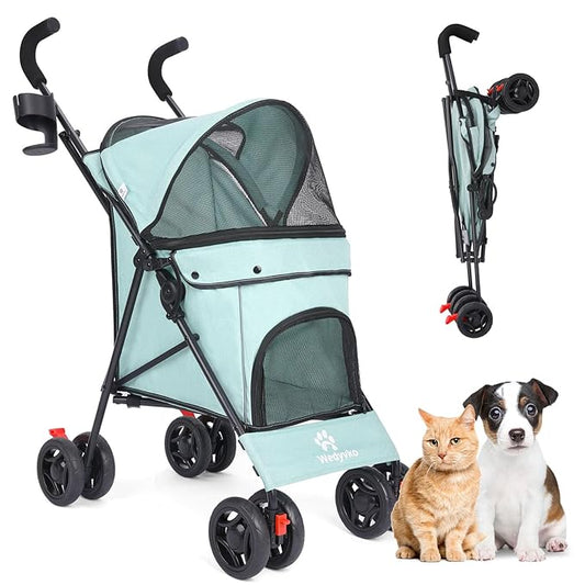 Pet Stroller for Small Dogs Medium Dogs 33lbs, Dog Pram Ultra Light - only 3.5 kg, Dog Stroller Pet Pram with 4 Wheel Foldable/Storage Basket/Cup Holder-P07 (Bluish Green)