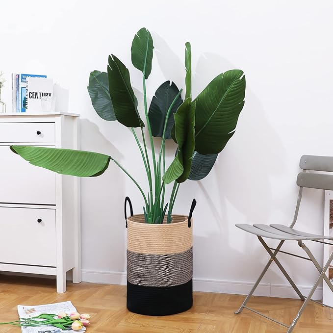 VIPOSCO Large Laundry Hamper, Tall Woven Rope Storage Basket for Blanket, Toys, Dirty Clothes in Living Room, Bathroom, Bedroom - 58L Brown & Black