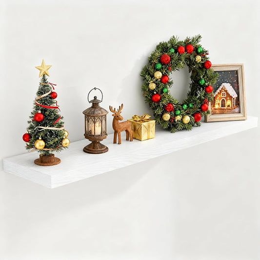 Fun Memories Farmhouse Floating Shelves for Wall, 48 x 9.3 Large Floating Shelf Wall Mounted, Rustic Wood Shelves for Bathroom, Kitchen, Living, Heavy-Duty Storage Deep Shelf for Books, Decor, White