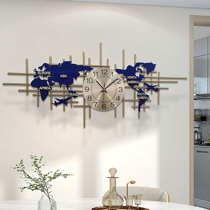 37.8 Inch Modern World Map Wall Clock, Silent Quartz 3D Design, Large Handmade Iron Frameless Decorative Clock for Living Room, Bedroom, Kitchen, Office (Large)