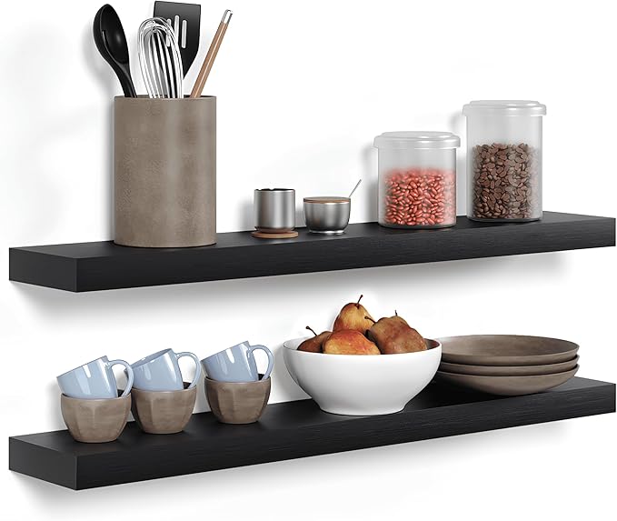 Homeforia Black Floating Shelves 36 inches Long, High End Solid Real Wood 36 inch Floating Shelf for Wall Mounted, Black Wooden 36in Floating Shelves, Heavy Duty Bracket, 36 X 6.5 X 1.75 in, Set of 3