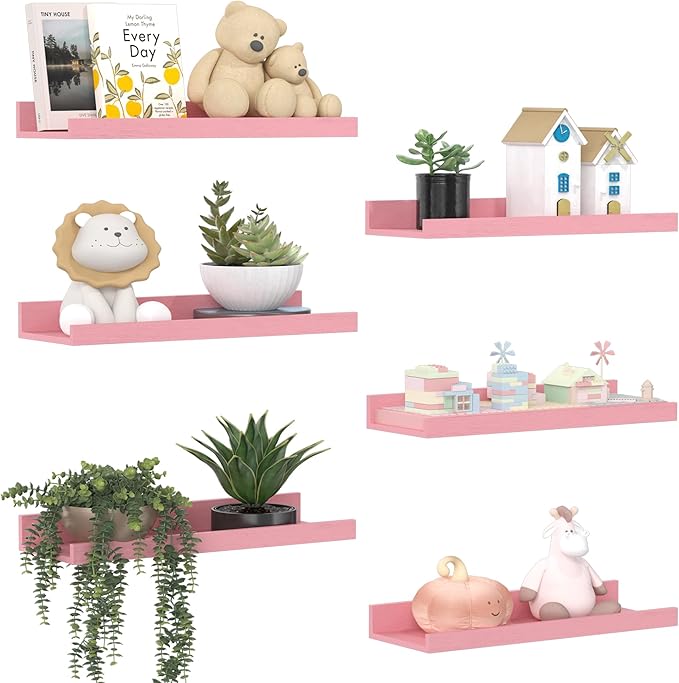 upsimples Pink Shelves for Wall, Pink Room Decor for Teen Girls, Bedroom, Living Room, Game Room, 6 Pack Wall Mounted Wood Shelves for Picture, Plants
