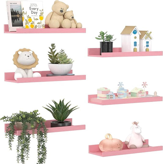 upsimples Pink Shelves for Wall, Pink Room Decor for Teen Girls, Bedroom, Living Room, Game Room, 6 Pack Wall Mounted Wood Shelves for Picture, Plants