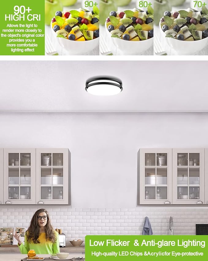 LED Flush Mount Ceiling Light Fixture - 13inch 40W[500W Equiv] 4000lm Dimmable Kitchen Light Fixtures, 3000K/4000K/5000K Black Ceiling Lamps for Bedroom, Bathroom, Hallway, Laundry, Stairwell-2Pack