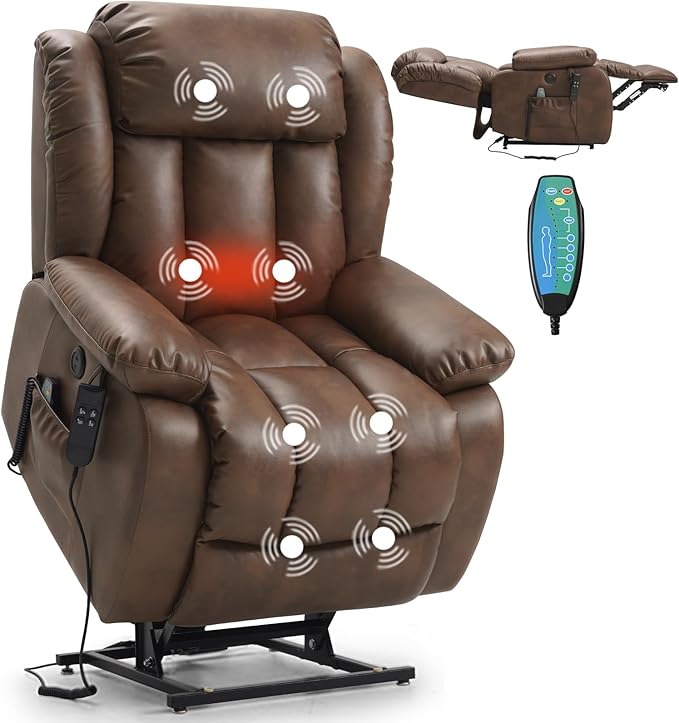 PARKOL Dual Motor Power Lift Recliner Chair for Elderly, 180-Degree Infinite Position Lay Flat Leather Recliner Chairs, with Massage and Heating, USB & Type-C Port and Remote (Ochre, Medium)
