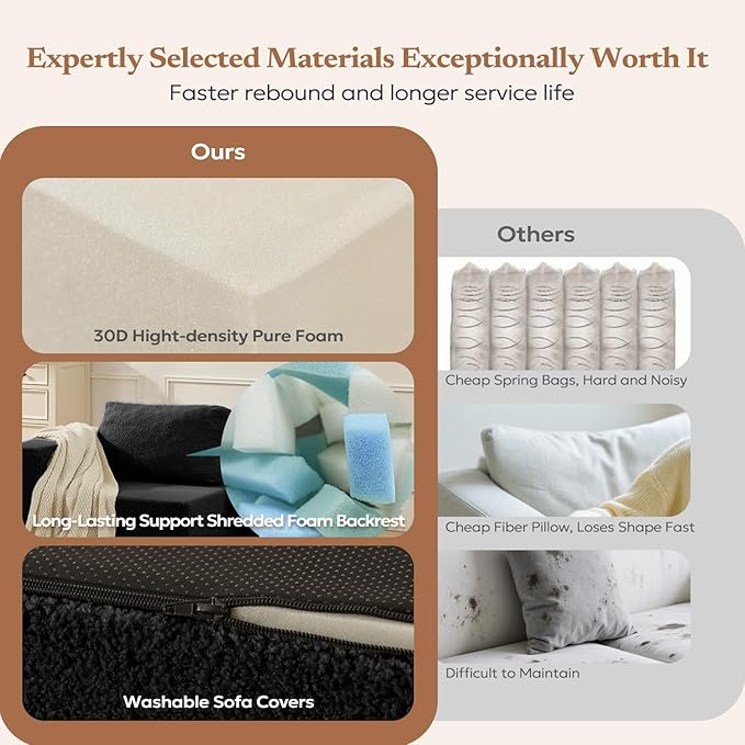 106" 3-Seater Sofa, Cloud Modular Sofa with Certified Foam, Upholstered Floor Sofa with Deep Seat, Upholstered Sofa for Bedroom Living Room, No Assembly Required (Black, Teddy Boucle)