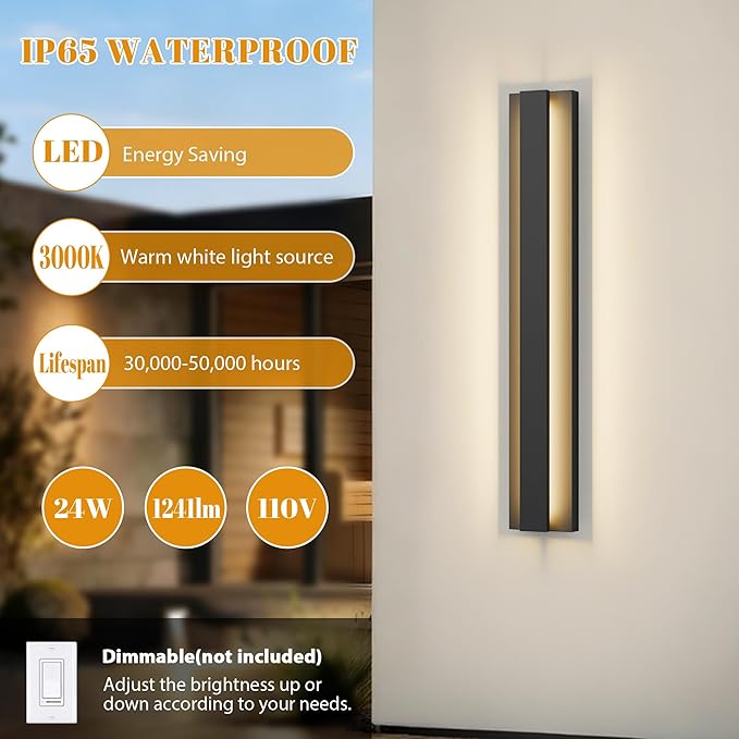 LamQee 31.5 Inch Long Outdoor Wall Lights Modern Exterior Lighting Fixtures, 3000K 24W LED Linear Outdoor Wall Sconce, Contemporary Matte Black Outside Wall Mount Lights for House Garage Porch Patio