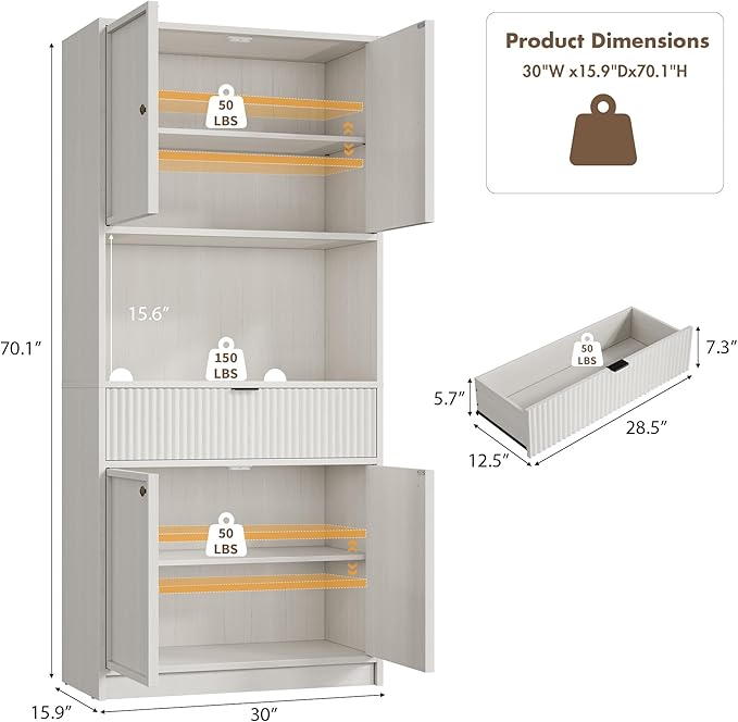 IDEALHOUSE Tall Storage Cabinet, 70" Kitchen Pantry Cabinet with Doors, Fluted Kitchen Hutch Cupboard with Microwave Shelf & Drawer, Freestanding Cupboard for Dining Room, Living Room, Antique White