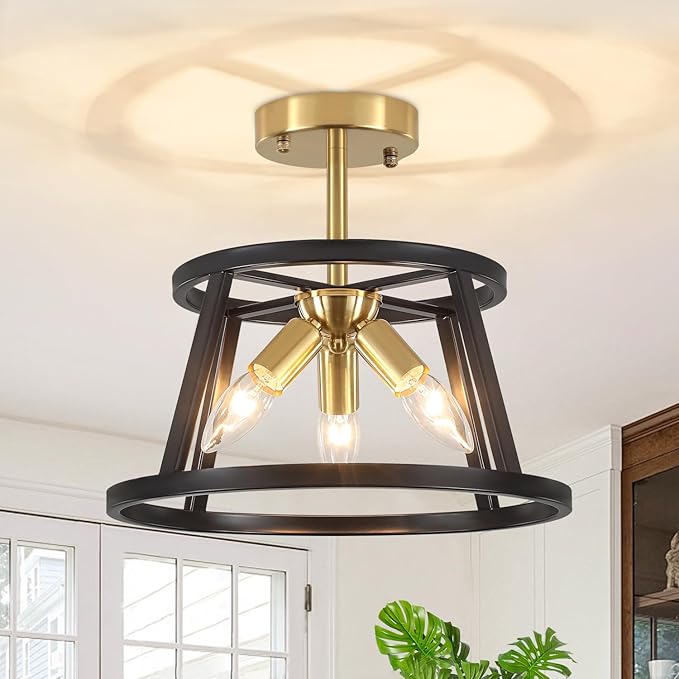 Modern Black and Brushed Gold Semi Flush Mount Ceiling Light, 3 Lights Industrial Close to Ceiling Light Fixtures, 12.59" Ceiling Lamp for Hallway Entry Laundry Bedroom Kitchen Lighting, UL Listed