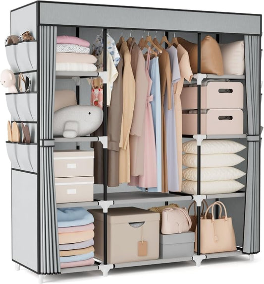 VTRIN Portable Closet Wardrobe for Hanging Clothes 57.3 Inch Large Capacity Clothes Rack with Cover, 10 Storage Organizer Shelves, 1 Hanging Rods and 6 Pockets, Free Standing Closet for Bedroom, Grey
