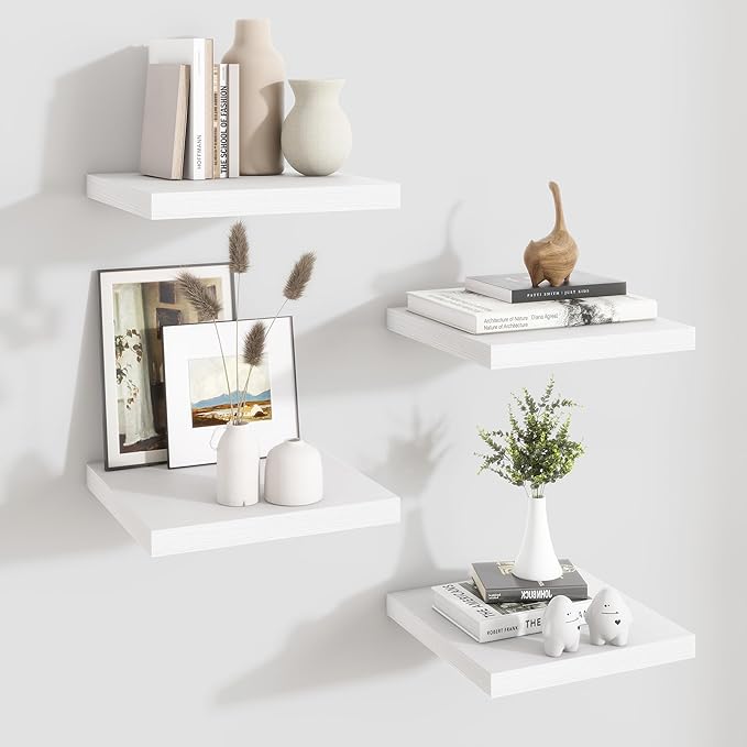 Fun Memories Floating Shelves for Wall - 12 Inch Square Shelves with Invisible Brackets, White Small Wall Shelf for Living Room, Bathroom, Bedroom, and Kitchen Decor，Set of 4