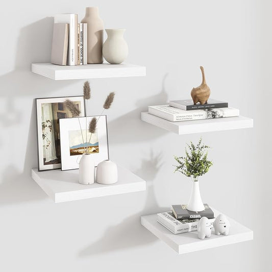 Fun Memories Floating Shelves for Wall - 12 Inch Square Shelves with Invisible Brackets, White Small Wall Shelf for Living Room, Bathroom, Bedroom, and Kitchen Decor，Set of 4