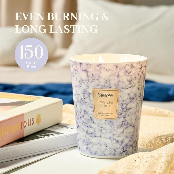M&SENSE Extra Large Candle 35oz 150H LavenderCitrus Scented Candle, 3 Wick Highly Scented Jar Candle, XL Candles Gift for Stress Relief, Meditation, Yoga