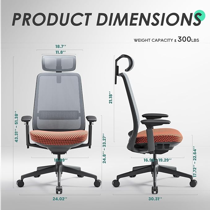 COLAMY Ergonomic Office Chair, Mesh Desk Chair with High Back, Lumbar Support, Adjustable Headrest and 4D Arms, Slide Seat, Tilt Lock-Coral