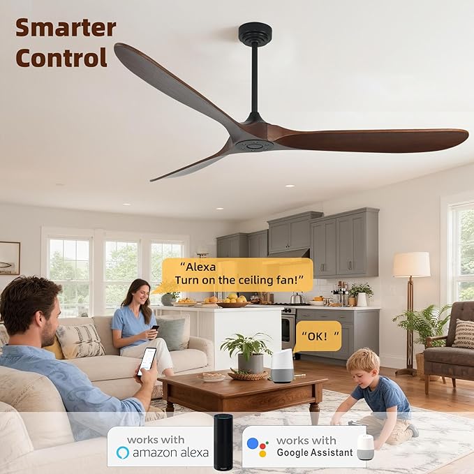 Ceiling Fan Without Light, 72 Inch Smart Wood Ceiling Fan no Lights, Compatible with Alexa/Google, 3 Natural Walnut Blades, Remote, Quiet Reversible DC Motor for Indoor Outdoor