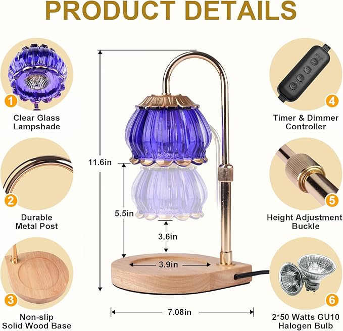 Candle Warmer Lamp with Timer, Adjustable Height Dimmable Candle Warmer Light,Christmas Gift for Women Glass Shade Electric Jar Candle Warming Lantern,Home Decor Cozy House Warming Gifts,Purple