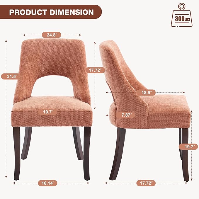 UVV Wooden Dining Chairs Set of 6, Mid Century Modern Upholstered Dining Room Chair Kitchen Chairs, Chenille Dinner Chair with Solid Wood Legs for Kitchen Dining Room, Orange-Chenille