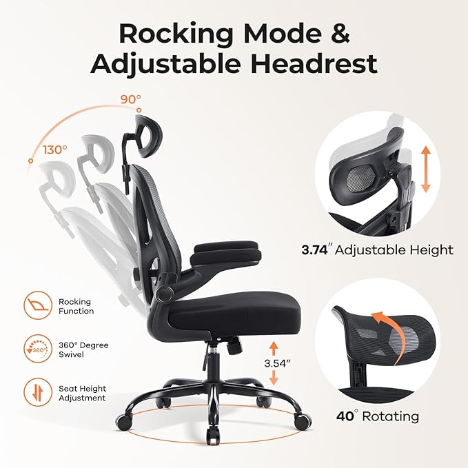 Office Chair Ergonomic Office Chair with Lumbar Support, Head Support, Rocking Function, FILP-up Armrests, Mesh High Back Chair Home Office Desk Chair, Suitable for Home, Office, Black