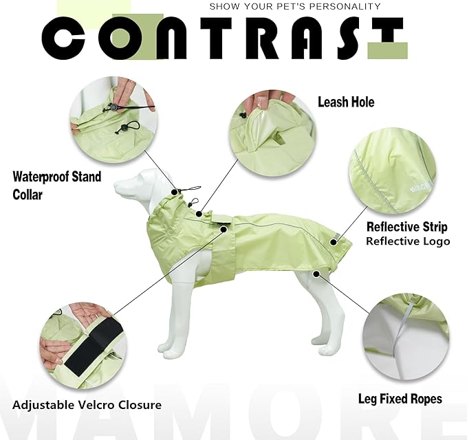Waterproof Dog Raincoat with Reflective Strip, Adjustable Breathable Rain Coat Jacket with Leash Hole for Dogs (Light Green, XX-Large)