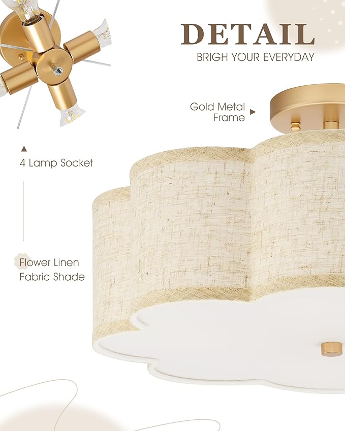 Gold Semi Flush Mount Ceiling Lights, 4-Light 18" Brass Light Fixtures Ceiling Mount with Linen Fabric Drum Shade in Flower Shape for Nursery Bedroom Kitchen Hallway, AD-22009-4SF-GD-B