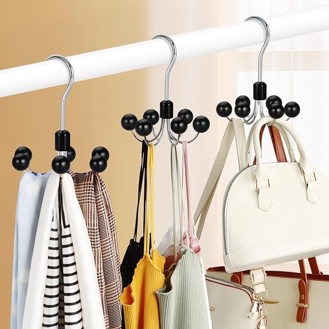 TOPIA HANGER Hoodie Hangers 4-Pack with 6 Wood Balls, 360°Swivel Purse Hanger, Scarf Hanger, Closet Hooks, Handbag Organizer, Bra Hanger, Accessory Organizers for Scarf, Tanktop, Hat, Hoodie CT57B