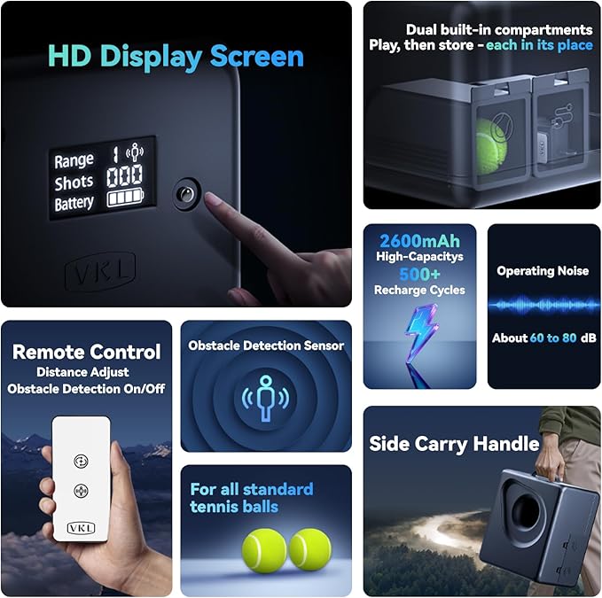 VKL Automatic Dog Ball Launcher Pro & Tennis Ball Thrower with Remote Control, Display Screen,10/20/30ft Distances, Dual Storage, Auto-Stop on Obstacle for Medium/Large Dogs