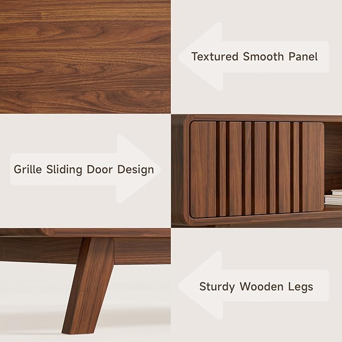 ONBRILL Coffee Table, Mid Century Modern Table with Storage Compartment, Fluted Table with Sliding Cabinet Door, Farmhouse Wood Coffee Table for Living Room (Walnut)