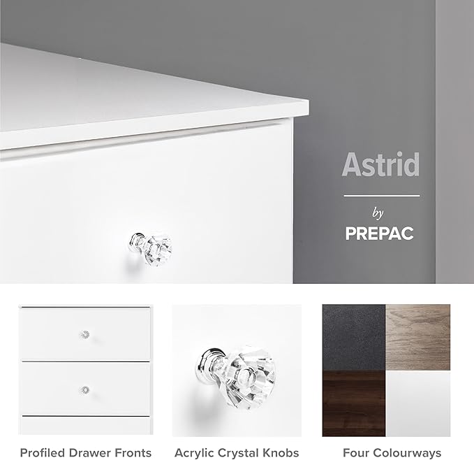 Prepac Astrid 6 Drawer Double Dresser for Bedroom with Crystal Knobs, Wide Chest of Drawers, Bedroom Furniture, Clothes Storage and Organizer, 15.5" D x 47.5" W x 26.85" H, White