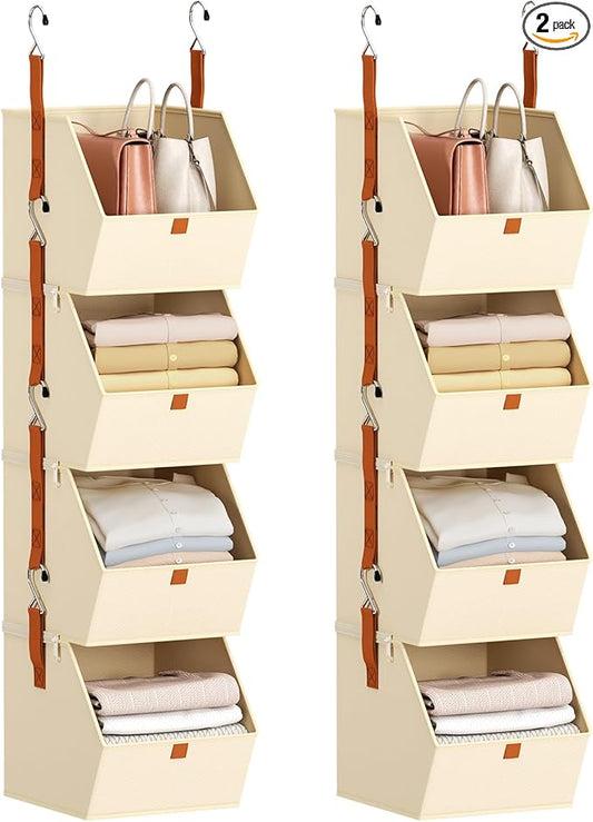 Hanging Closet Organizer 4 Tier - Clothes Hanging Shelves, Space-Saving Closet System, Fabric Storage Bins Bedroom Organization, Collapsible Baskets for Home, Dorm, Rv, Beige, 2 Pack