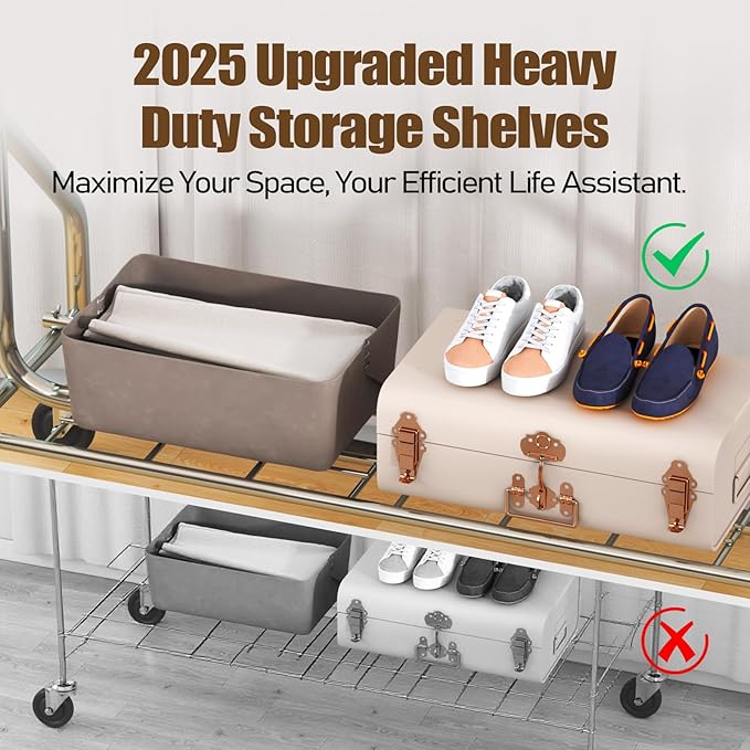 Heavy Duty Clothes Rack Load 500 LBS,Clothes Clothing Racks for Hanging Clothes with Lockable Wheels & Stable Shelves, Rolling Garment Wardrobe Portable Closet Rack,Sliver