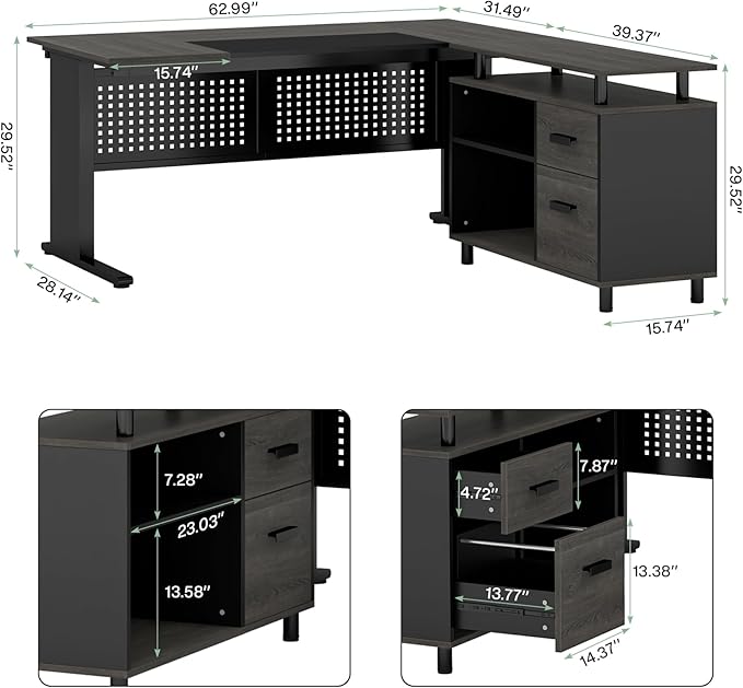 LITTLE TREE Large Computer Desk with File Cabinet, 63 Inch Executive Desk L Shaped Office Desk with Drawers and Storage Shelves, Business Furniture Desk Workstation for Home Office