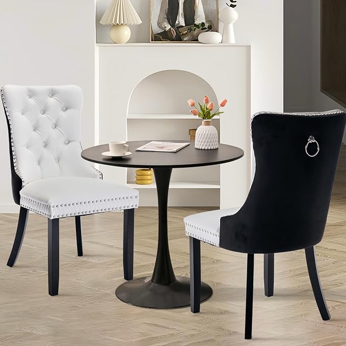 SoarFlash Kitchen Table and Chairs for 2, 31.5" Dining Table Set for 2 with Leather Upholstered Chairs, 3 Piece Round Kitchen Table Set, Dining Room Table Set for Small Space, Apartment, Black/White