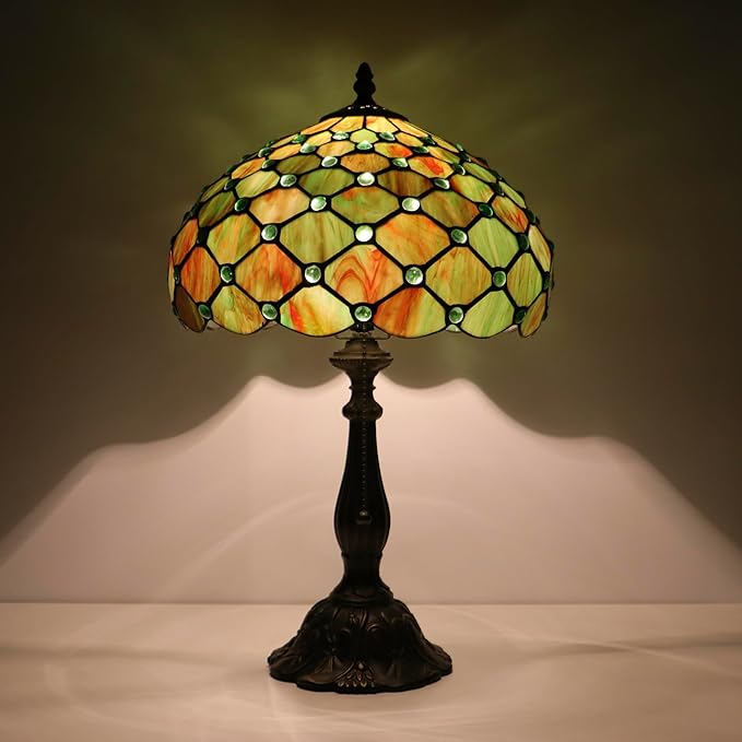 Tiffany Lamps Brownish Green Beads Style Stained Glass Table Lamp Desk Bedside Reading Light 12X12X18.5 Inches with Bronze Resin Base Applicable to Bedroom Living Room Office
