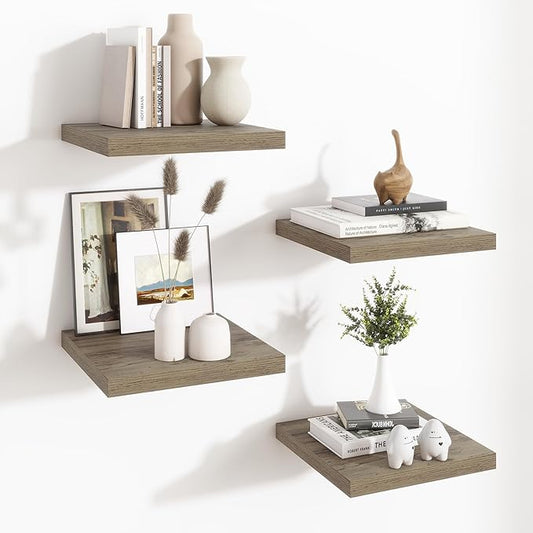 Fun Memories Square Floating Shelves for Wall - 12 Inch Deep Floating Shelves with Invisible Brackets, Grey Small Wall Shelf for Living Room, Bathroom, Bedroom, and Kitchen Decor，Set of 4