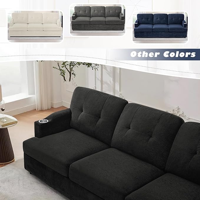 89" Chenille 3 Seats Sofa with Built-in Cup Holder, Tufted Modern Couch with Thickened Seat Cushions, Soft Upholstered Sofa with Deep Seating Space for Living Room, Apartment, Dark Grey