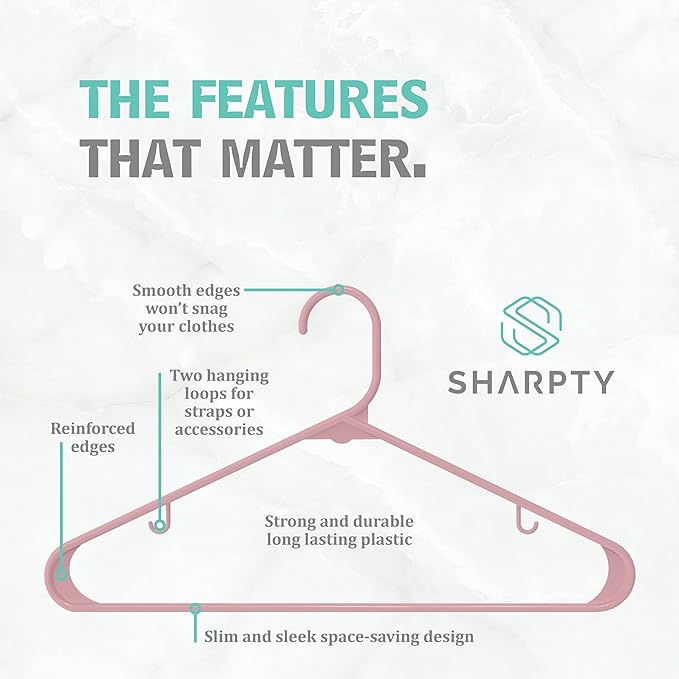 Sharpty Plastic Hangers Clothes Hangers for Clothing, Closet, Coats & Shirts - Durable, Thick, Tough & Space Saving - for Everyday Standard Use, Room Essentials & Basics - 20 Pack - Pink