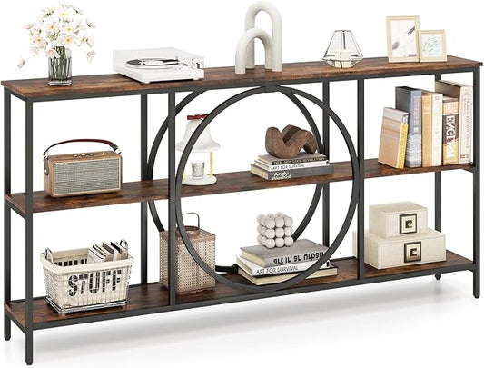 Giantex Narrow Long Console Table, 3-Tier Entryway Table with Faux Wood Grain Top&Heavy-Duty Metal Frame, Mid-Century Accent Sofa Tables with Open Storage Shelves for Living Room, Hallway(Brown+Black)