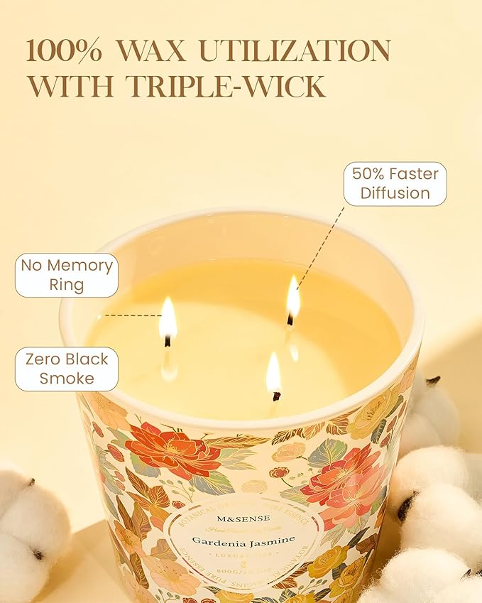 M&SENSE Gardenia Jasmine Scented Candle, 28.2oz 3 Wick Natural Soy Wax Large Candles, Long Lasting Clean Slow Clean Burning No Toxic Décor for Home Relaxation, Romantic Dates & Gift-Giving