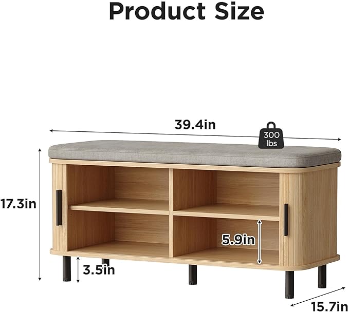 Maupvit 2 Tier Shoe Storage Bench with Smooth Fluted Sliding Doors, 39.4" Wide Entryway Bench with Storage, Thickened Padded Seat Cushion, Hidden Shoe Organizer Cabinet for Living Room, Oak