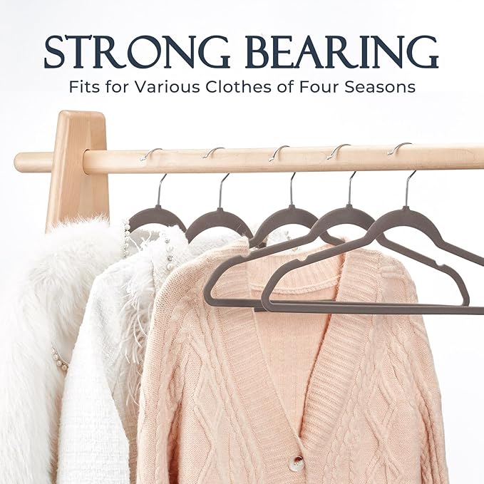 HOUSE DAY Taupe Velvet Hangers 60 Pack, Non Slip Clothes Felt Hanger Heavy Duty for Coat, Premium Slim Space Saving Suit Hangers for Closet Organizer, 360° Rotating Silver Hook