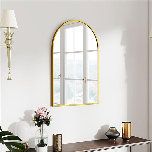 30x20 Arch Mirror Rectangle Wall Mounted Hanging or Against Wall Metal Aluminum Alloy Frame Mirrors for Entryway Bedroom Bathroom Living Room 30 20 inch Gold