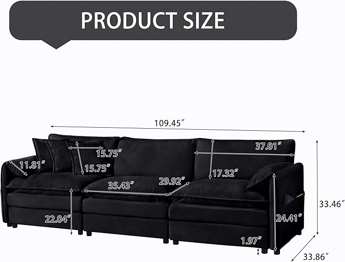 109.45" Oversized Extra Deep Seat Modern Chenille Cloud Couch, Large 3 Seater Modular Sofa for Living Room Bedroom Apartment Office(Black, 109.45 Inch)
