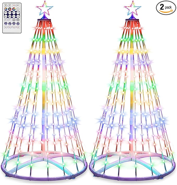 2 Pack 6ft Outdoor Christmas LED Cone Tree Lights Decorations 24 Modes Color Changing with Timer Foldable Lighted Yard Trees Waterproof String Lights Holiday Decor for Christmas New Year Xmas