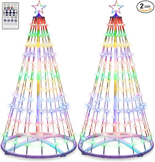 2 Pack 6ft Outdoor Christmas LED Cone Tree Lights Decorations 24 Modes Color Changing with Timer Foldable Lighted Yard Trees Waterproof String Lights Holiday Decor for Christmas New Year Xmas