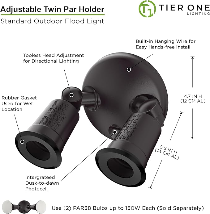 Two Head Par Light Holder with Dusk to Dawn Photocell UL Listed Outdoor Flood Light For Safety & Security 120V Twin Par Holder Use 2 PAR38 Bulbs up to 150W Each (Bulb sold separately) 1 Pack Bronze